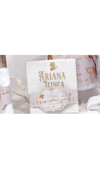 Trusou botez personalizat si brodat cu fluturi roz albi sau gold 11
